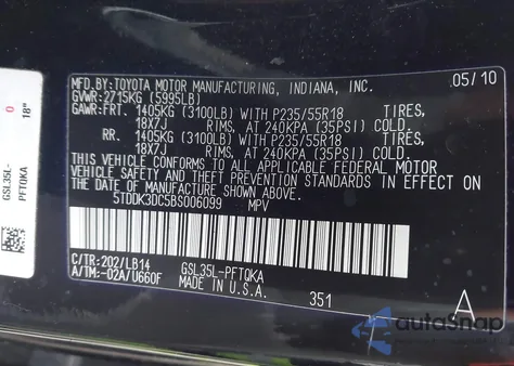 2011 Toyota Sienna Xle z USA, uszkodzony, nr VIN 5TDDK3DC5BS006099